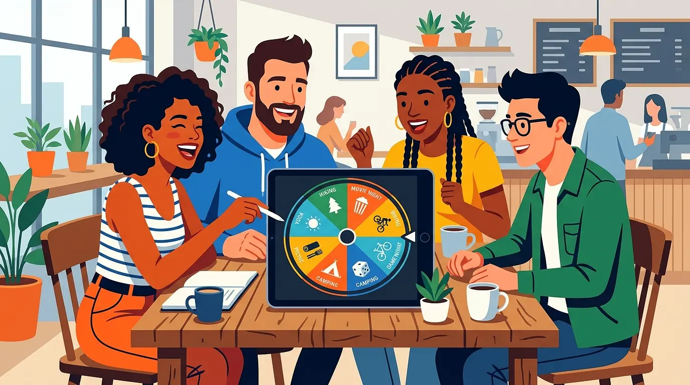 A virtual choice wheel on a tablet screen showing colorful segments for weekend activities like hiking, movies, picnics, and baking.