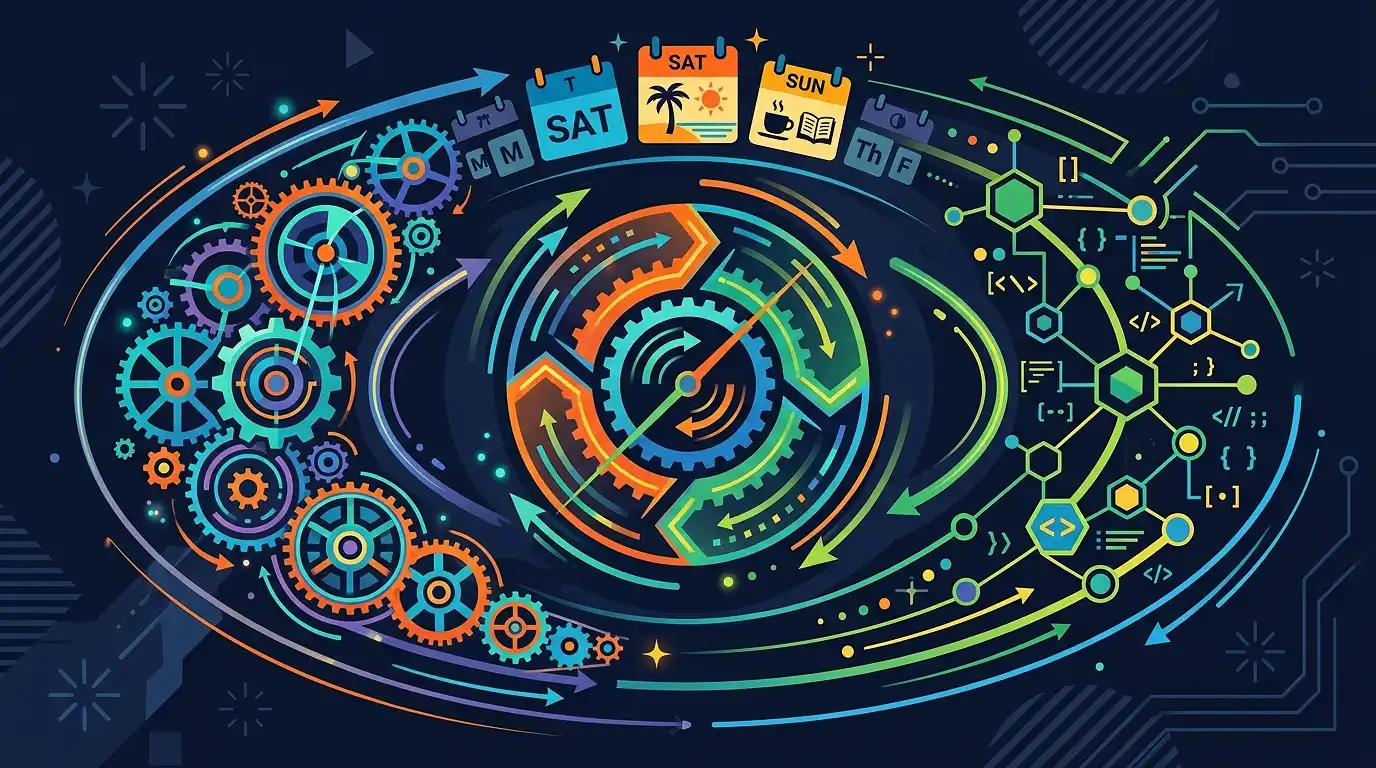 Clockwork gears, calendar icons, and code nodes orbiting a spinning activity choice wheel.