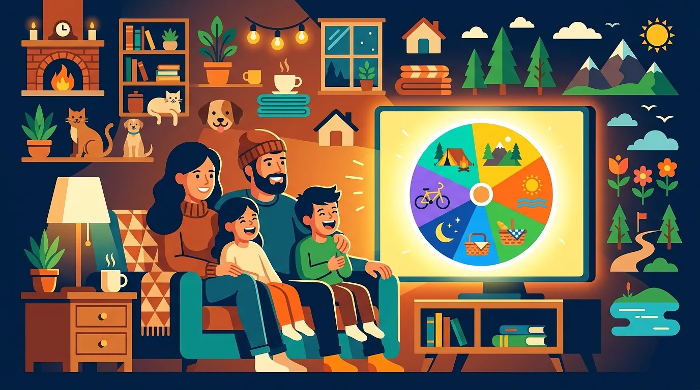 A relaxed family sitting together looking at an interactive weekend activity decision wheel screen.